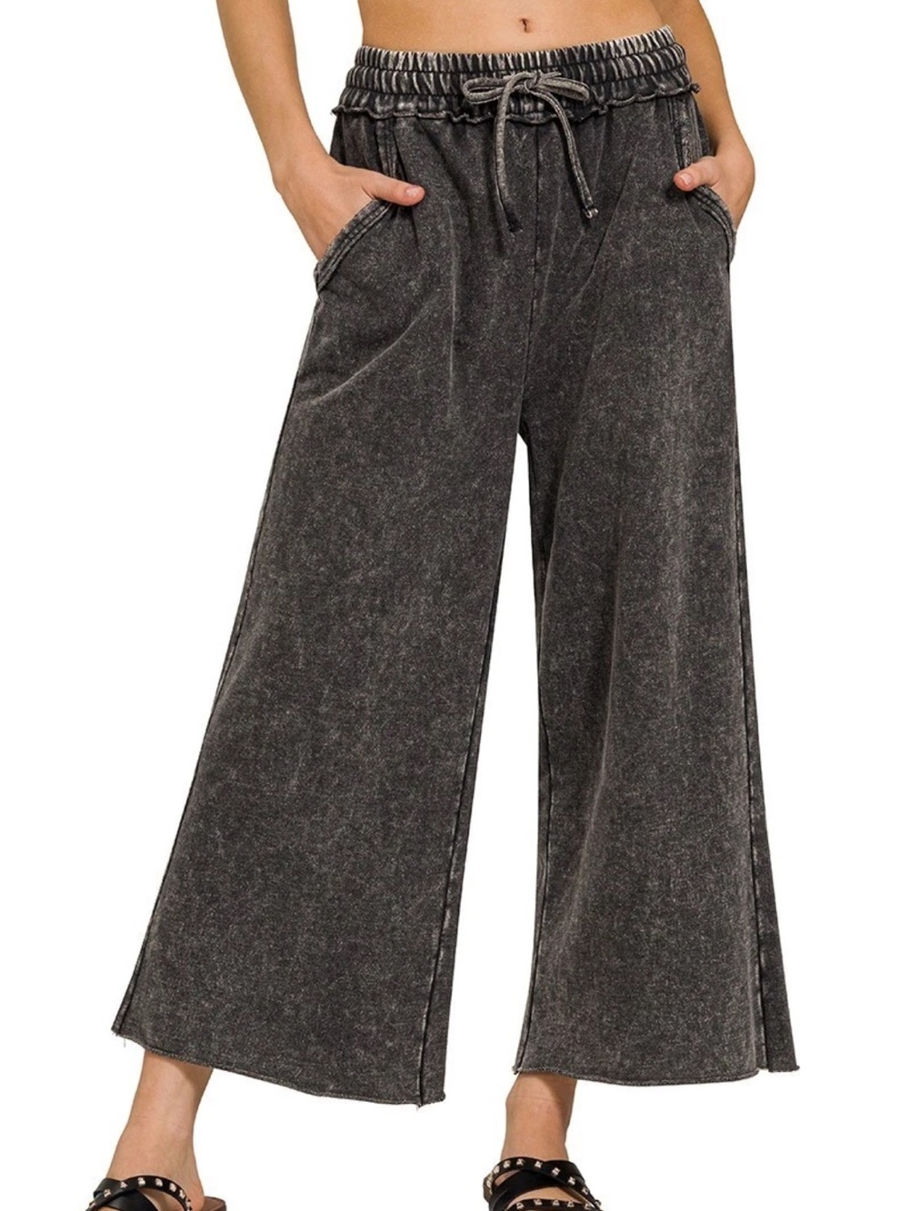 NWOT🖤Zenana Acid Wash French Terry Wide Leg Crop Ash Black Small